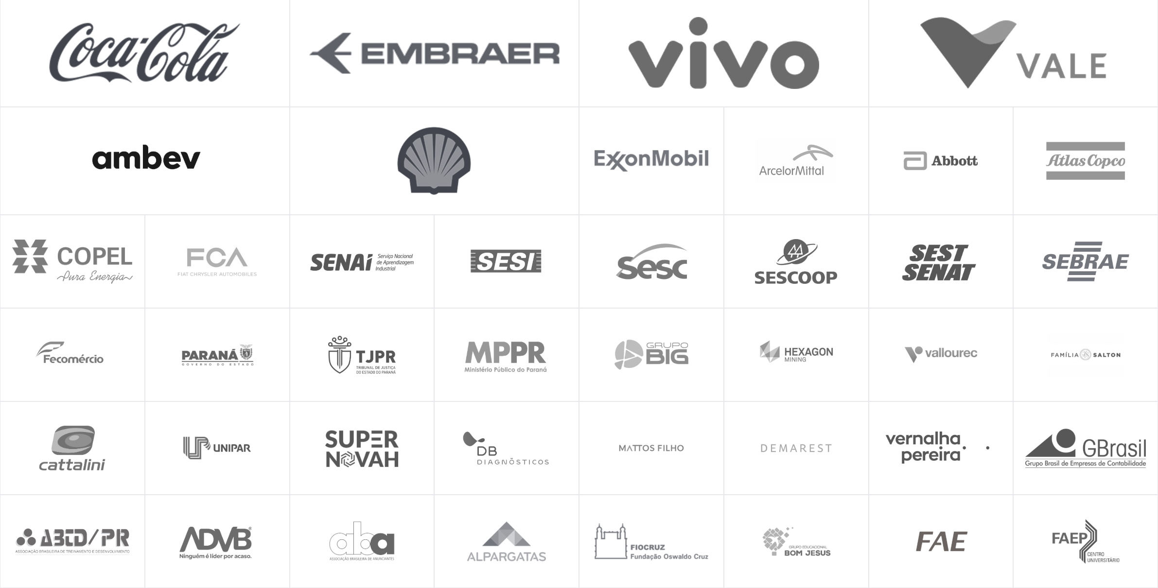 Empresas atendidas: Coca-Cola, Embraer, Vivo, Vale, Ambev, Shell, ExxonMobil, ArcelorMittal, Abbott, Atlas Copco, Copel, FCA, SENAI, SESI, Sesc, Sescoop, SEST SENAT, Sebrae, Fecomércio, Governo do Paraná, TJPR, MPPR, Grupo BIG, Hexagon Mining, Vallourec, Família Salton, Cattalini, Unipar, Super Novah, DB Diagnósticos, Mattos Filho, Demarest, Vernalha Pereira, GBrasil, ABTD/PR, ADVB, ABA, Alpargatas, Fiocruz, Grupo Bom Jesus, FAE e FAEP